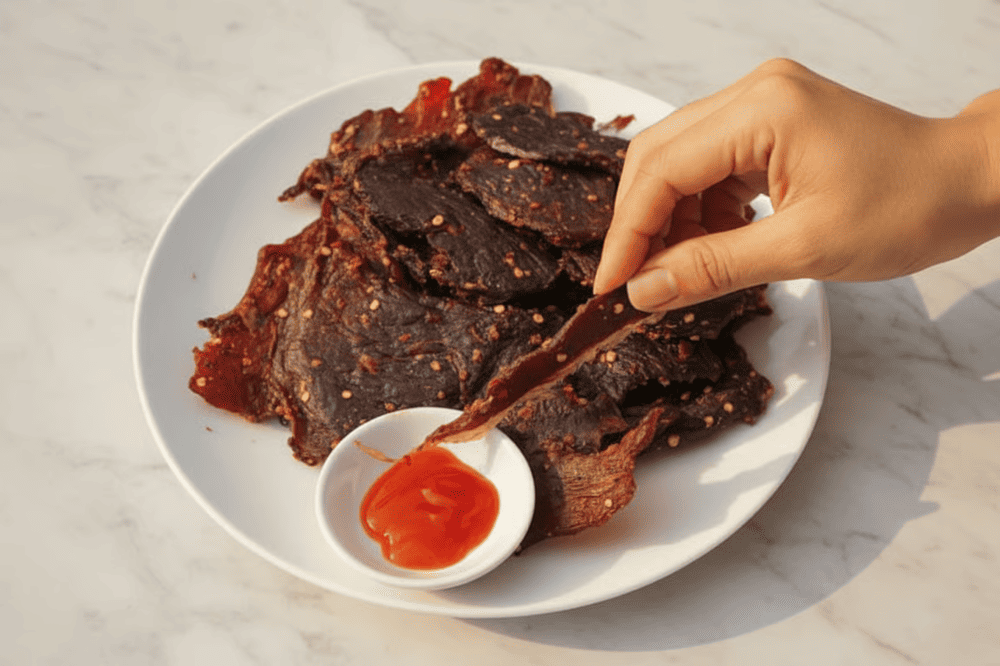 Thịt dê khô ướp tỏi dậy vị hơn khi ăn kèm tương ớt hoặc các nước chấm gia vị khác